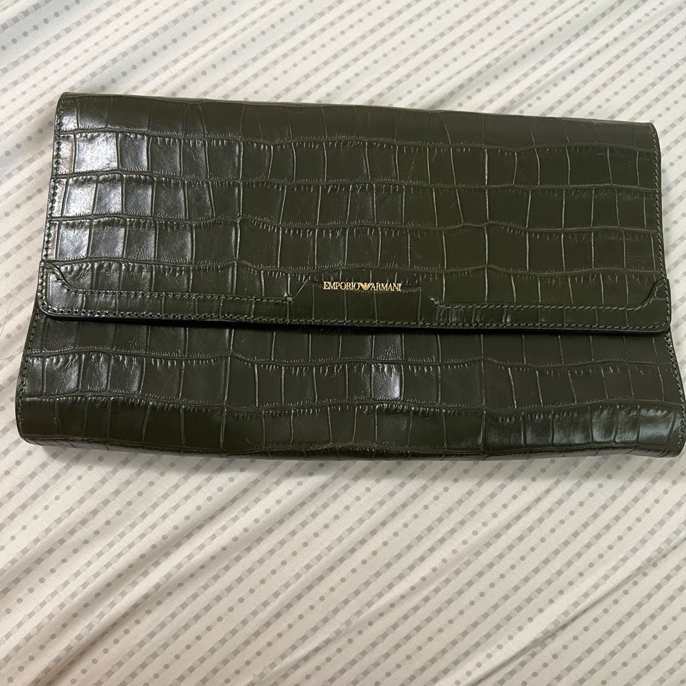 Vintage EUC Emporio Armani Dark Green Croc clutch bag with gold strap.